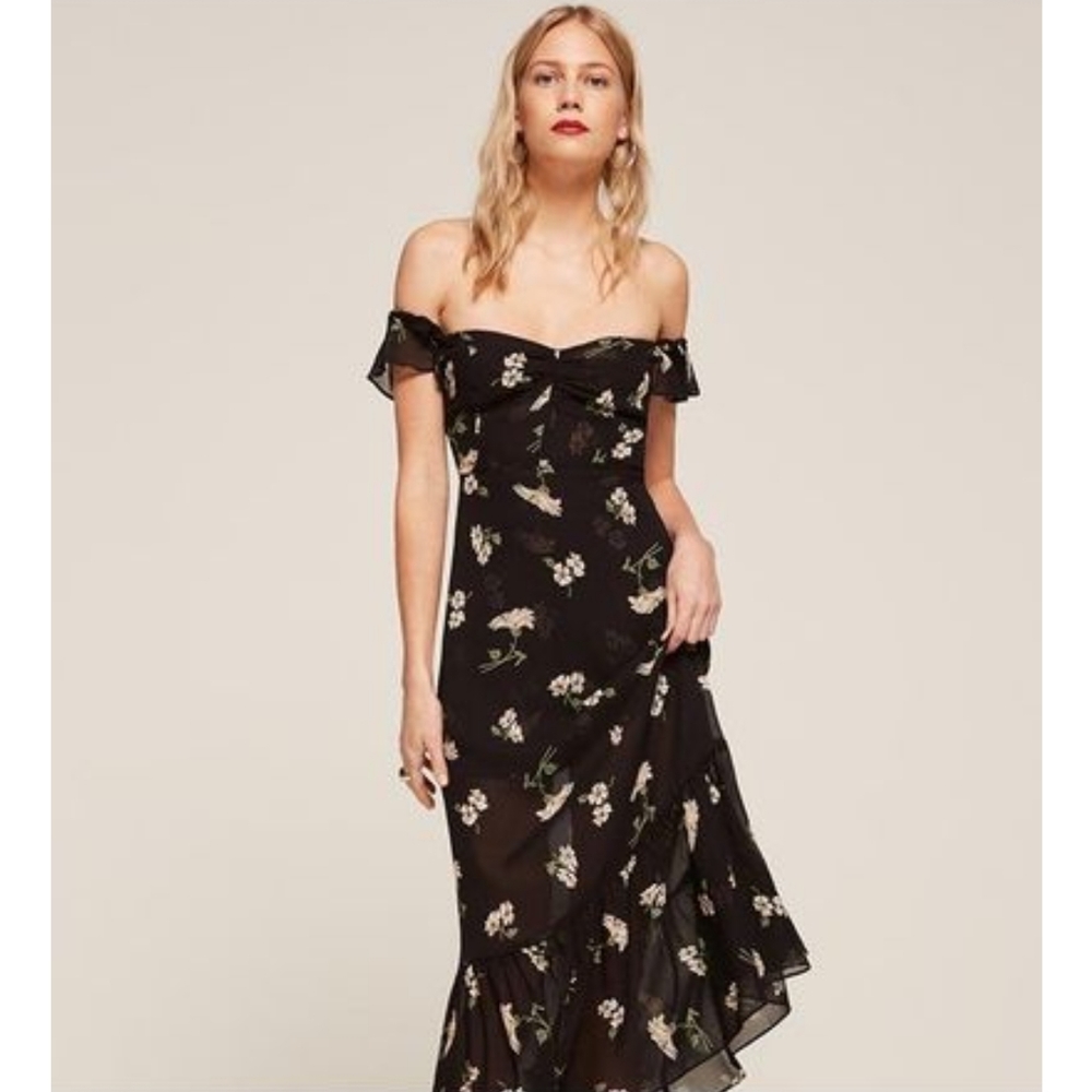 Reformation Tropica Off Shoulder Floral Midi Dress